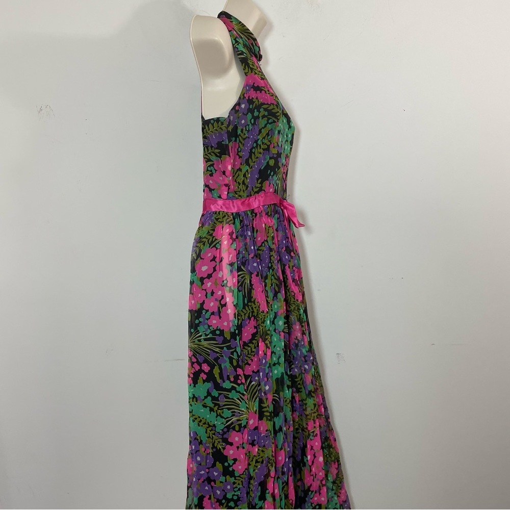 Vintage 60s Jumpsuit Dark Floral Wide Leg Cocktail Evening Size S/XS Sleeveless - Picture 7 of 10
